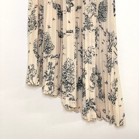 & Other Stories Asymmetric Plisse Skirt 0 Cream Black Pleated Midi Tree Print - Picture 7 of 14